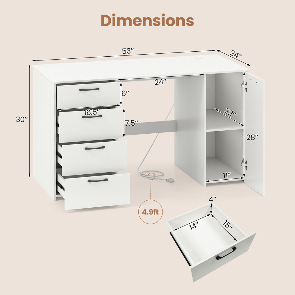 53 Inches Computer Desk with Power Outlets & 4 Storage Drawers, Spacious Workstation with Built-in Charging Station