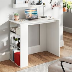 compact computer desk with bookshelf for small spaces, sturdy home office desk with storage