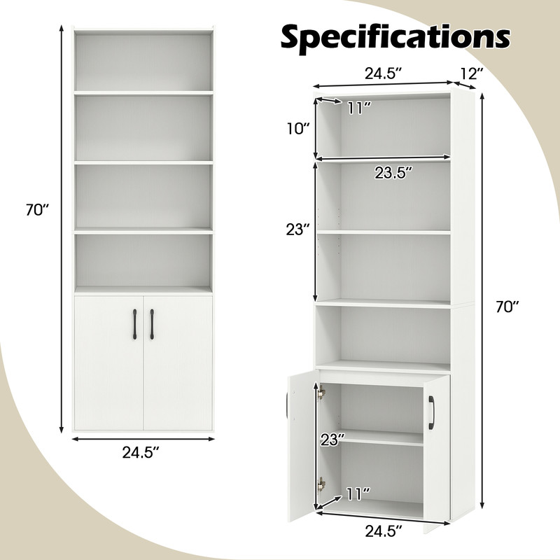 Modern Bookcase 6Tier With Adjustable Shelve 2Door Cabinet  AntiTip Safety Tall Storage Bookshelf F 7