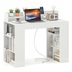 computer desk with power outlets and bookcases, modern home office writing desk with usb charging, monitor shelf