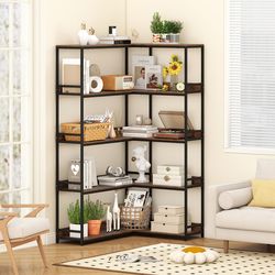 corner bookshelf 5-tier l-shaped bookcase, industrial etagere bookshelf with metal frame, open storage display shelves
