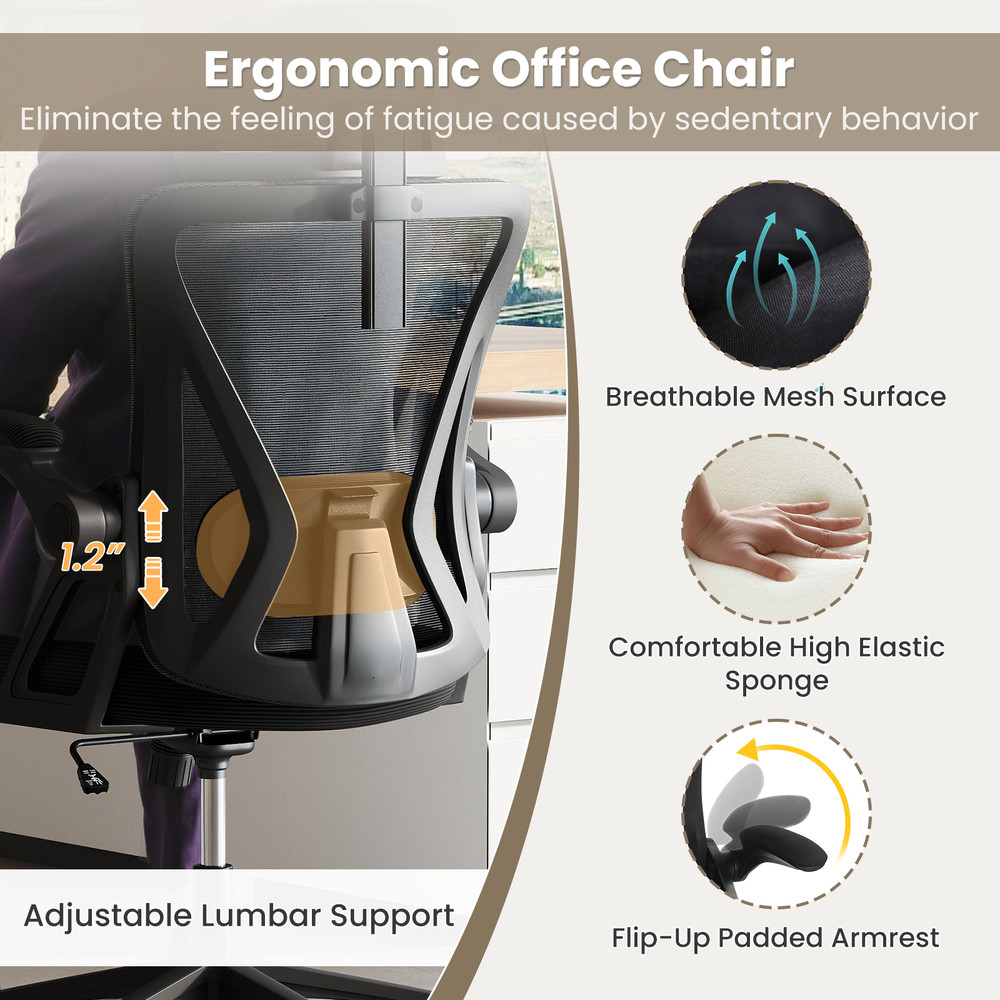 Ergonomic Mesh Office Chair With Adjustable Lumbar Support Flipup Armrests 2D Headrest And High Lbs 3