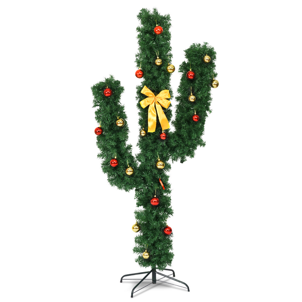 Artificial Cactus PVC Christmas Tree With LED Lights Ball Ornaments Unique Holiday Decoration With 6