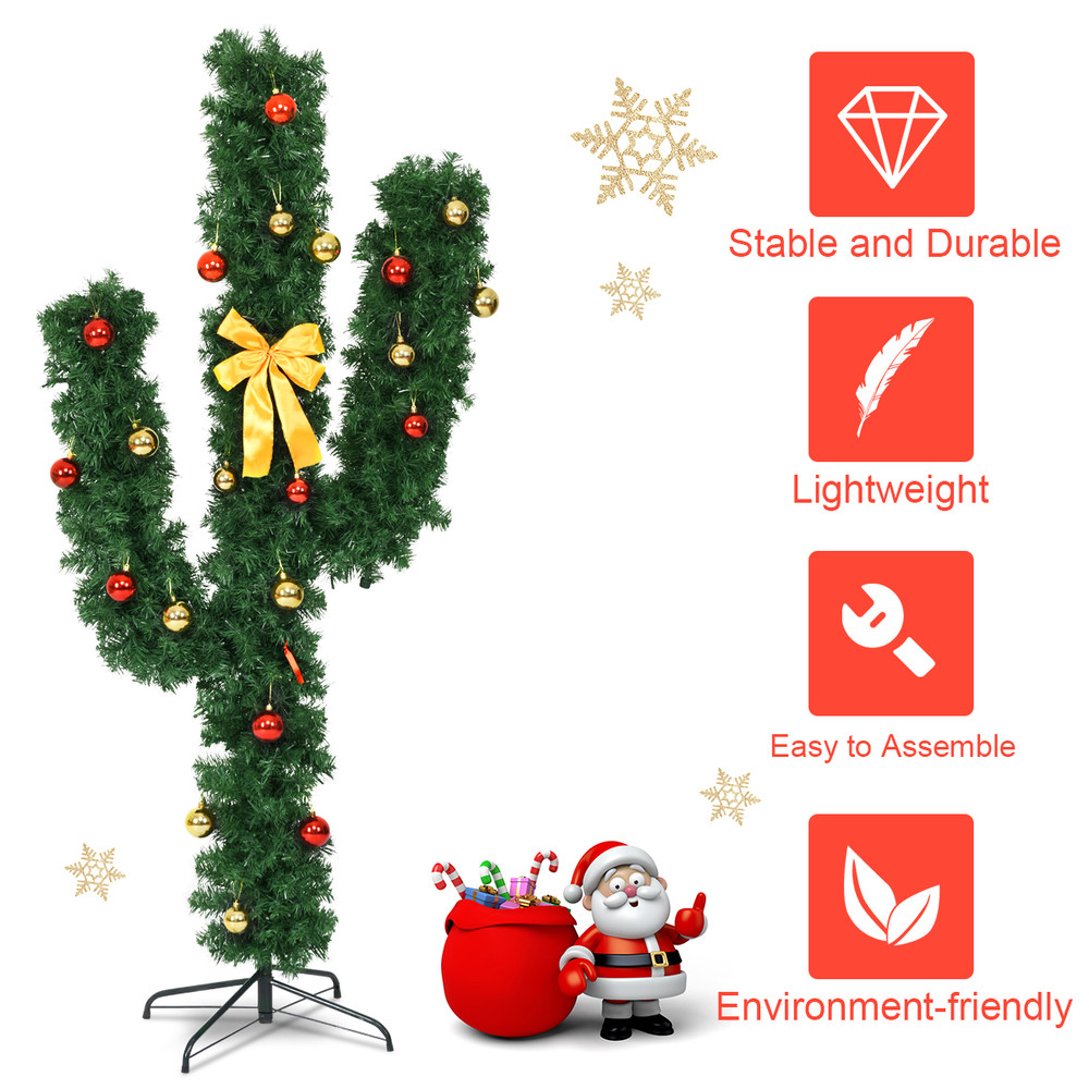 Artificial Cactus PVC Christmas Tree With LED Lights Ball Ornaments Unique Holiday Decoration With 5