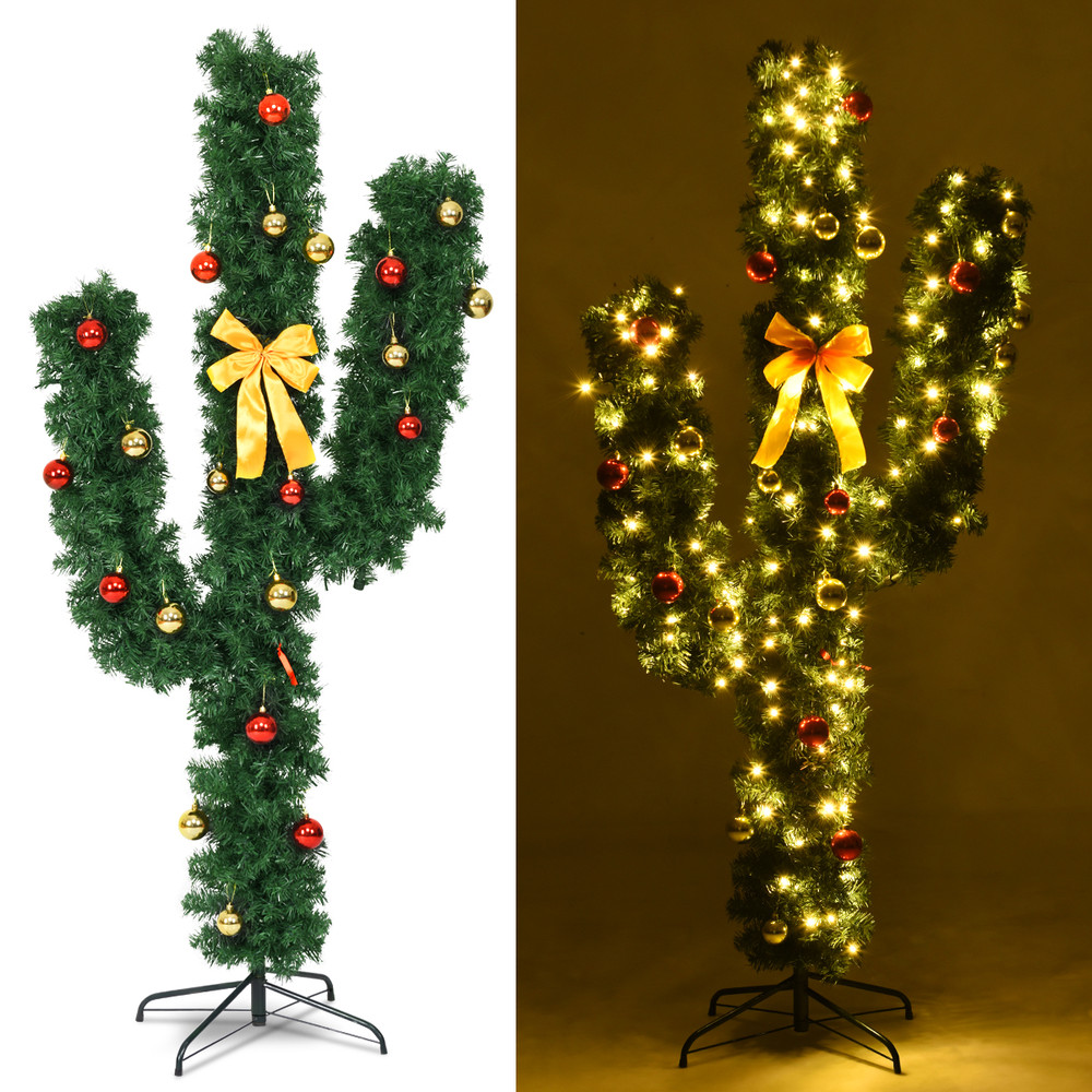 Artificial Cactus PVC Christmas Tree With LED Lights Ball Ornaments Unique Holiday Decoration With 3