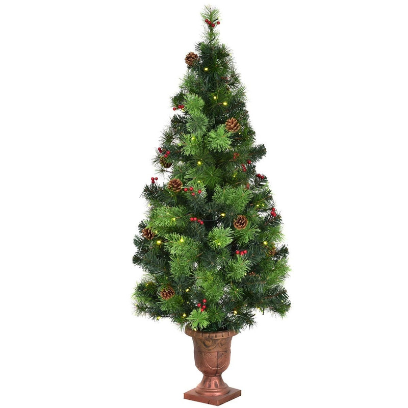 LED Christmas Tree with Red Berries Pine Cones, Pre-Lit Artificial Holiday Tree with Warm White Lights, Realistic PVC