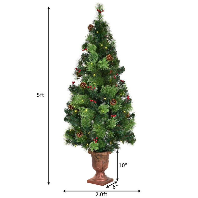 LED Christmas Tree with Red Berries Pine Cones, Pre-Lit Artificial Holiday Tree with Warm White Lights, Realistic PVC