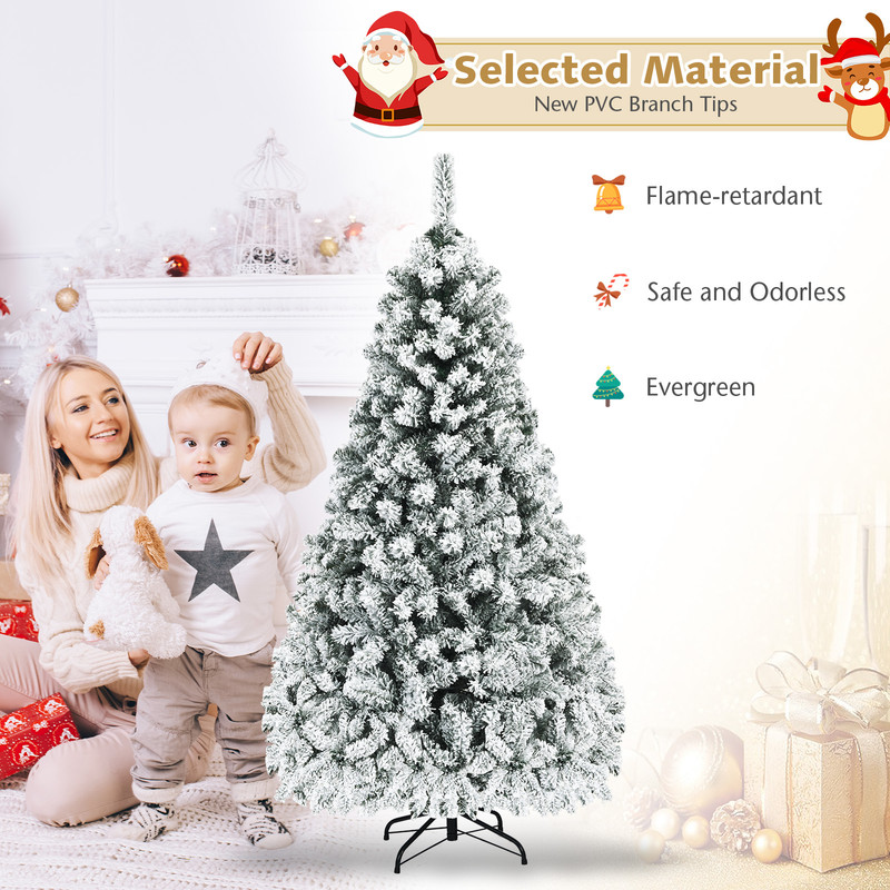 Pre-Lit Snow Flocked Artificial Christmas Tree, Premium Hinged Design for Easy Setup