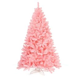 6 feet pink artificial hinged spruce christmas tree with metal stand, full-body pvc holiday tree for home, wedding