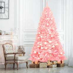 7.5 feet hinged artificial christmas tree full fir tree pink holiday decor indoor outdoor xmas tree with metal stand