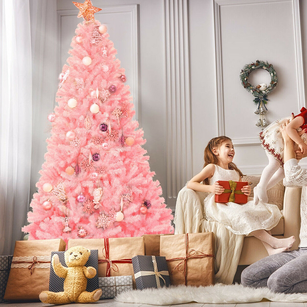 7.5 Feet Hinged Artificial Christmas Tree Full Fir Tree Pink Holiday Decor Indoor Outdoor Xmas Tree with Metal Stand