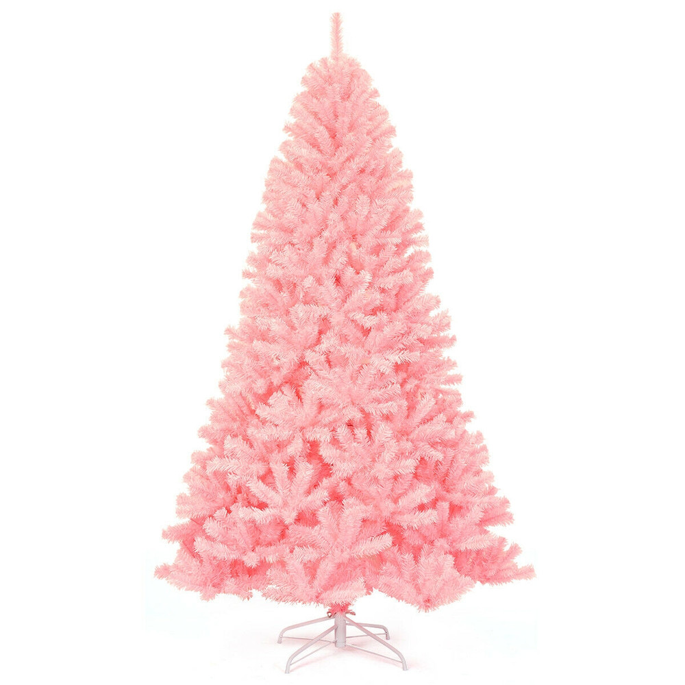 7.5 Feet Hinged Artificial Christmas Tree Full Fir Tree Pink Holiday Decor Indoor Outdoor Xmas Tree with Metal Stand