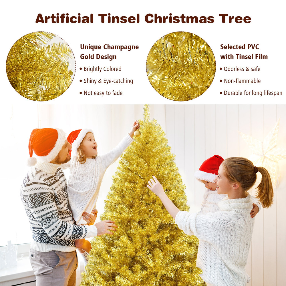 6/7.5 Feet Artificial Tinsel Christmas Tree Hinged with Foldable Metal Stand, Champagne Gold, Full & Dense Holiday Decor