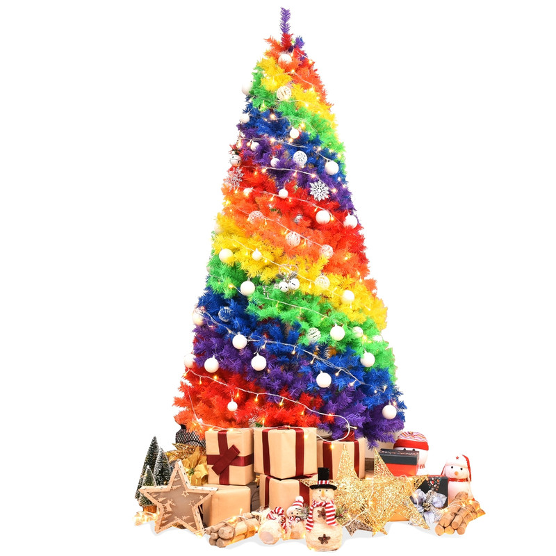 7 Feet Artificial Hinged Traditional Christmas Tree with Metal Stand, Full & Dense Unlit Rainbow Xmas Tree for Decor