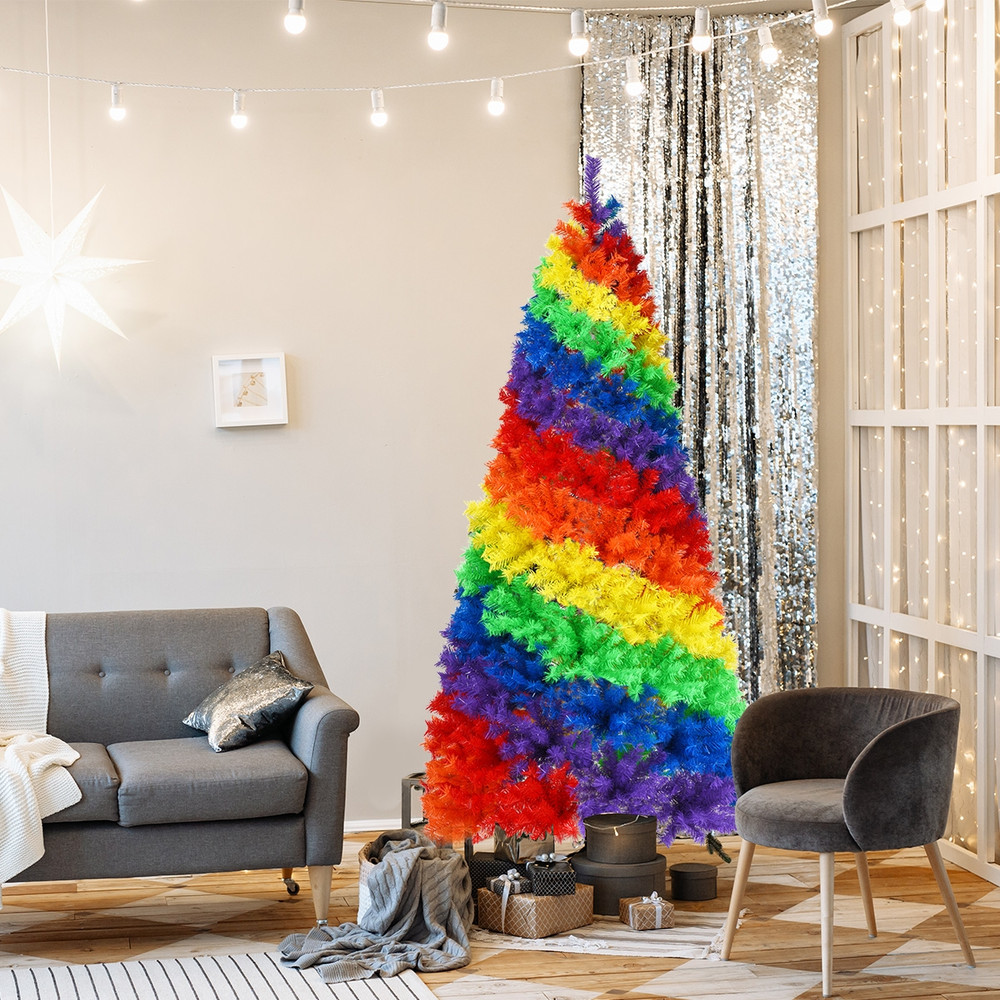 7 Feet Artificial Hinged Traditional Christmas Tree with Metal Stand, Full & Dense Unlit Rainbow Xmas Tree for Decor