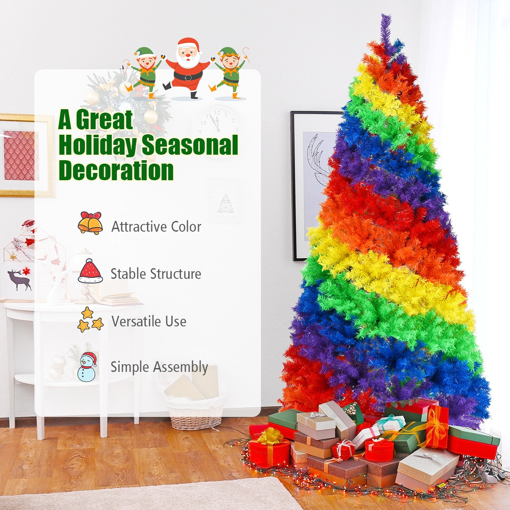 7 Feet Artificial Hinged Traditional Christmas Tree with Metal Stand, Full & Dense Unlit Rainbow Xmas Tree for Decor