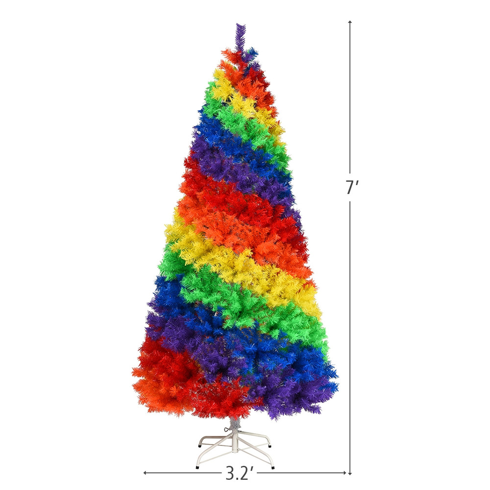 7 Feet Artificial Hinged Traditional Christmas Tree with Metal Stand, Full & Dense Unlit Rainbow Xmas Tree for Decor