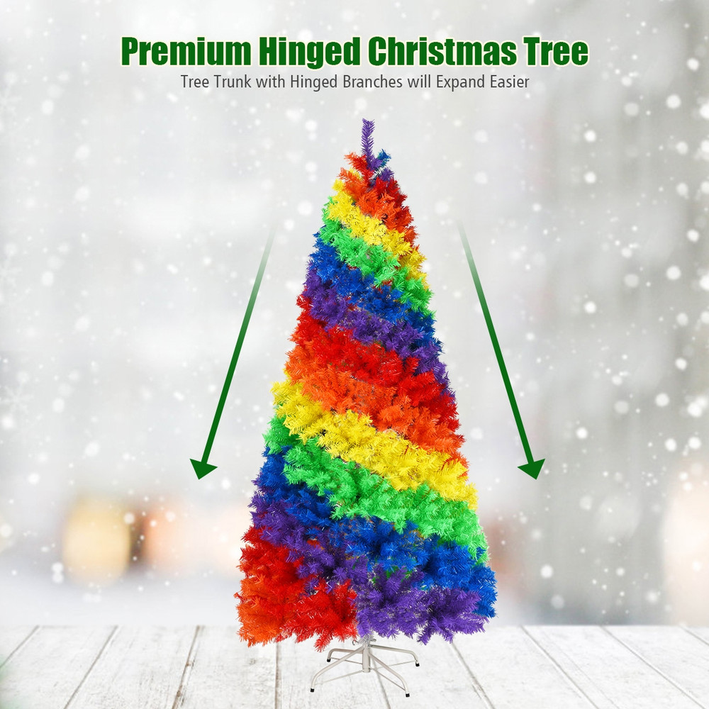7 Feet Artificial Hinged Traditional Christmas Tree with Metal Stand, Full & Dense Unlit Rainbow Xmas Tree for Decor
