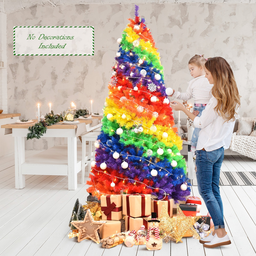 7 Feet Artificial Hinged Traditional Christmas Tree with Metal Stand, Full & Dense Unlit Rainbow Xmas Tree for Decor