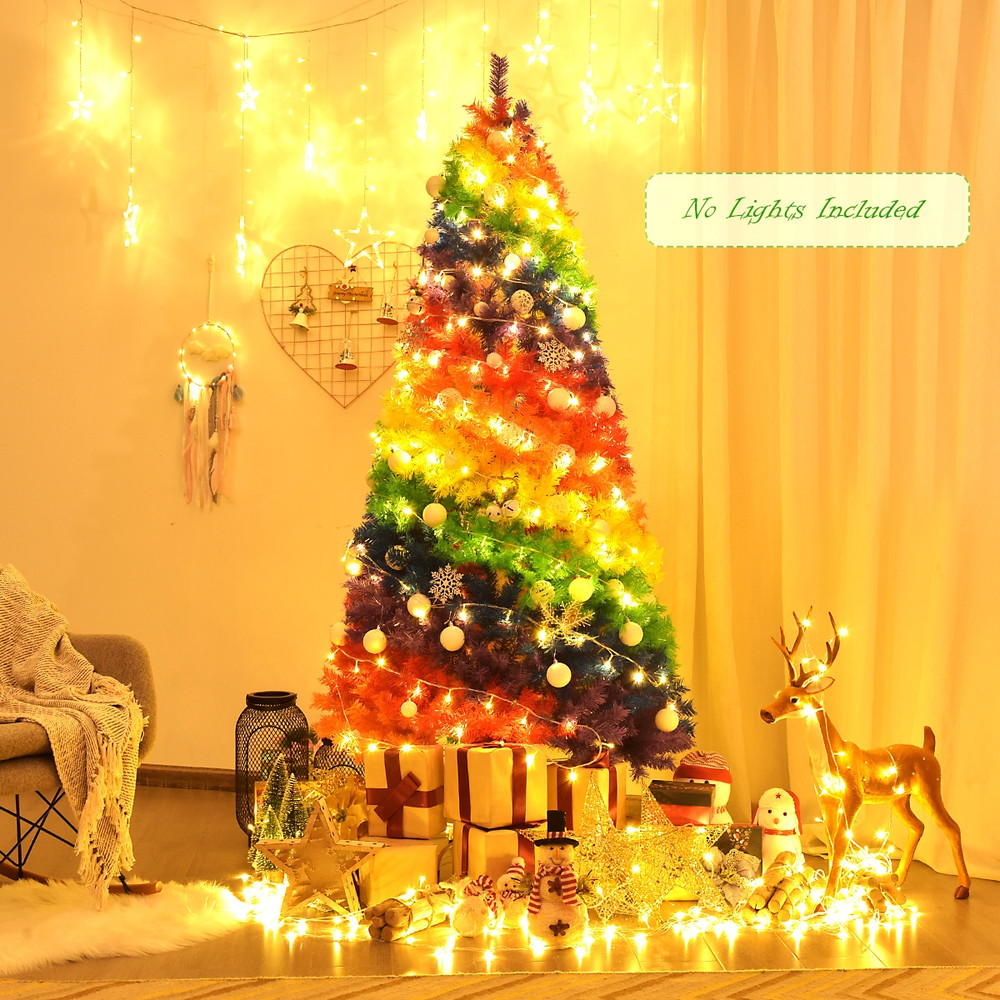 7 Feet Artificial Hinged Traditional Christmas Tree with Metal Stand, Full & Dense Unlit Rainbow Xmas Tree for Decor