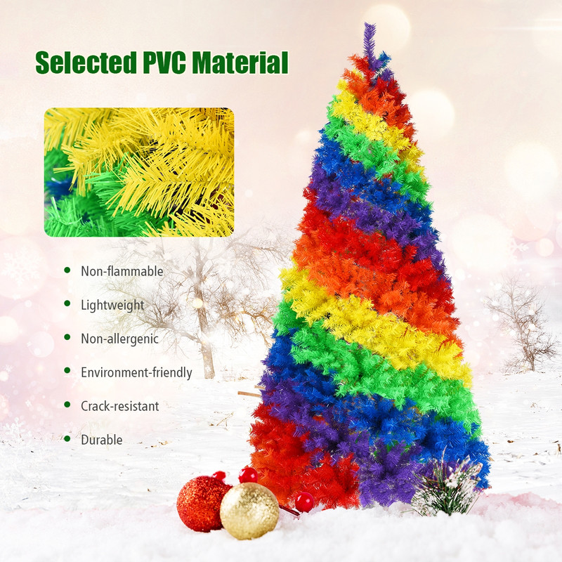 7 Feet Artificial Hinged Traditional Christmas Tree with Metal Stand, Full & Dense Unlit Rainbow Xmas Tree for Decor