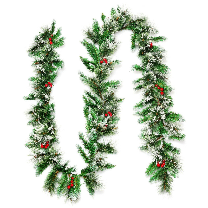 9 Feet Pre Lit Snow Flocked Christmas Garland with Red Berries, 50 LED Lights & Pine Tips, Holiday Indoor Outdoor Decor