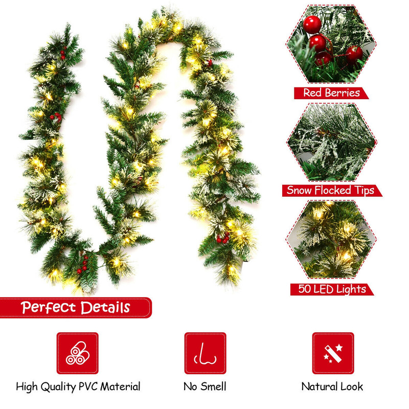 9 Feet Pre Lit Snow Flocked Christmas Garland with Red Berries, 50 LED Lights & Pine Tips, Holiday Indoor Outdoor Decor