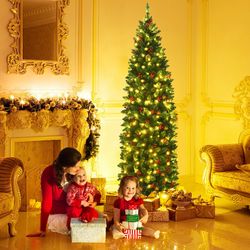 6.5 feet pre-lit hinged pencil christmas tree with led lights, slim artificial xmas tree w/ pine cones & berries