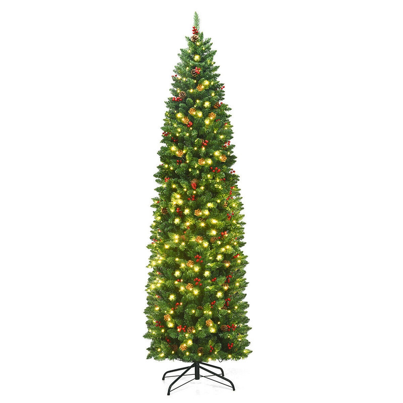7.5FT Slim Pre-lit Pencil Christmas Tree with Hinged Branches, Red Berries, Pine Cones & 350 LED Lights