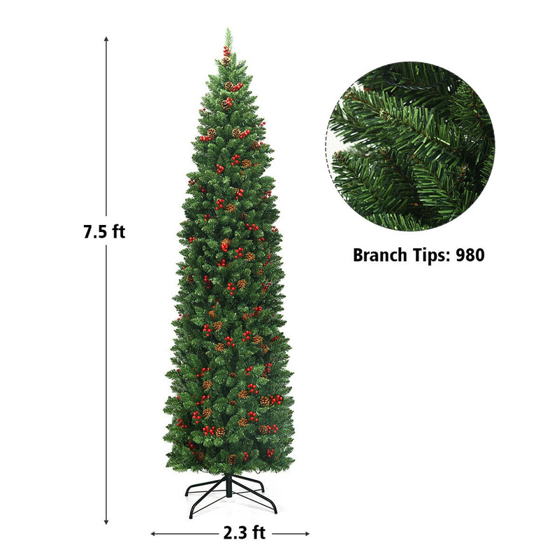 7.5FT Slim Pre-lit Pencil Christmas Tree with Hinged Branches, Red Berries, Pine Cones & 350 LED Lights