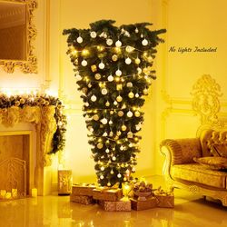 7ft upside down artificial christmas tree unlit, unique space-saving holiday tree with 1000 tips & stable metal base