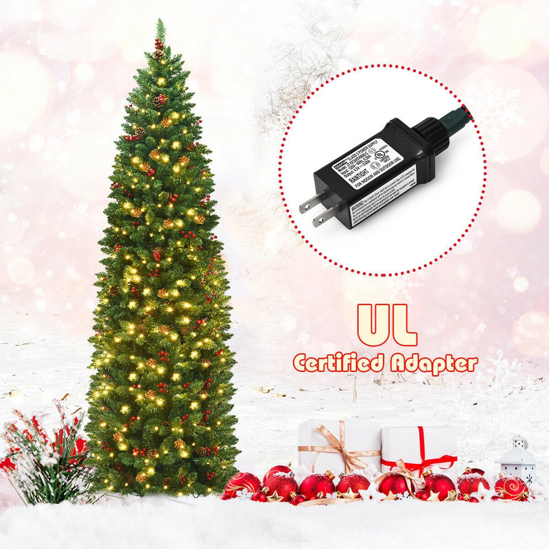 7.5FT Slim Pre-lit Pencil Christmas Tree with Hinged Branches, Red Berries, Pine Cones & 350 LED Lights