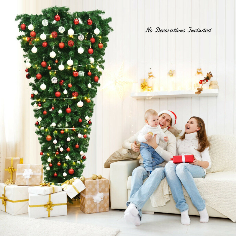 7ft Upside Down Artificial Christmas Tree Unlit, Unique Space-Saving Holiday Tree with 1000 Tips & Stable Metal Base