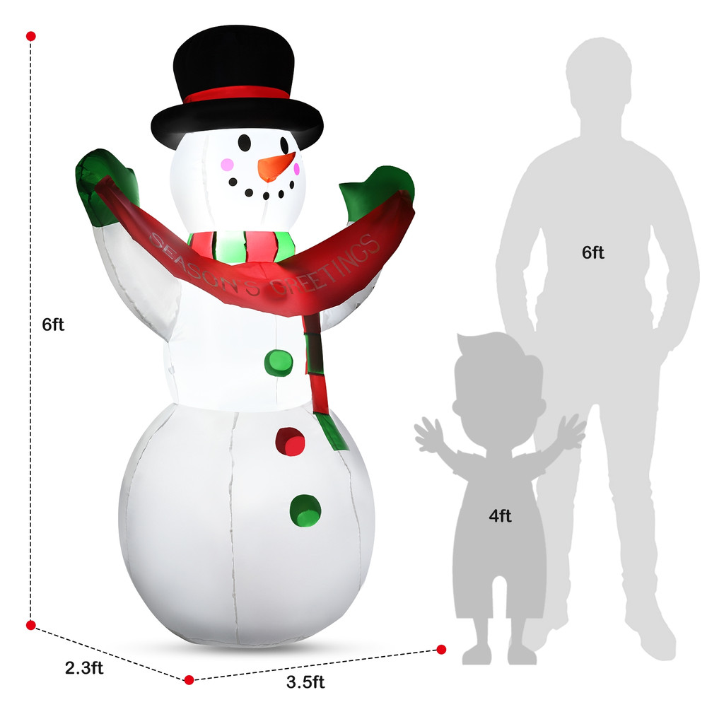6 Feet Inflatable Christmas Snowman with LED Lights, Blow Up Outdoor Yard Decoration for Holiday Lawn Display, Waterprof