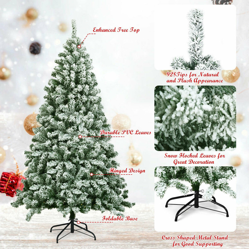 6 Feet Snow Flocked Artificial Christmas Tree Hinged With 928 Tips Realistic Winter Wonderland Deco 3