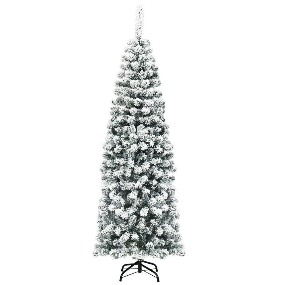 6 Ft Unlit Hinged Snow Flocked Artificial Pencil Christmas Tree, 500 Branch Tips