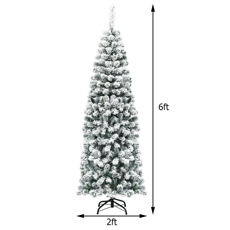 6 Ft Unlit Hinged Snow Flocked Artificial Pencil Christmas Tree, 500 Branch Tips