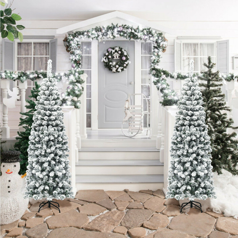 6 Ft Unlit Hinged Snow Flocked Artificial Pencil Christmas Tree, 500 Branch Tips