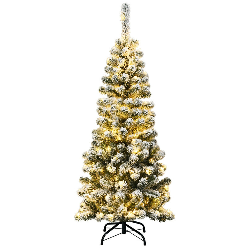 4.5 Ft Pre-Lit Snow Flocked Pencil Christmas Tree, 150 Warm White LED Lights