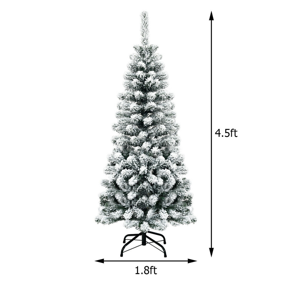 4.5 Ft Pre-Lit Snow Flocked Pencil Christmas Tree, 150 Warm White LED Lights