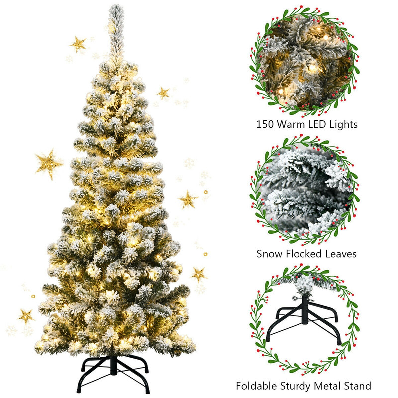 4.5 Ft Pre-Lit Snow Flocked Pencil Christmas Tree, 150 Warm White LED Lights