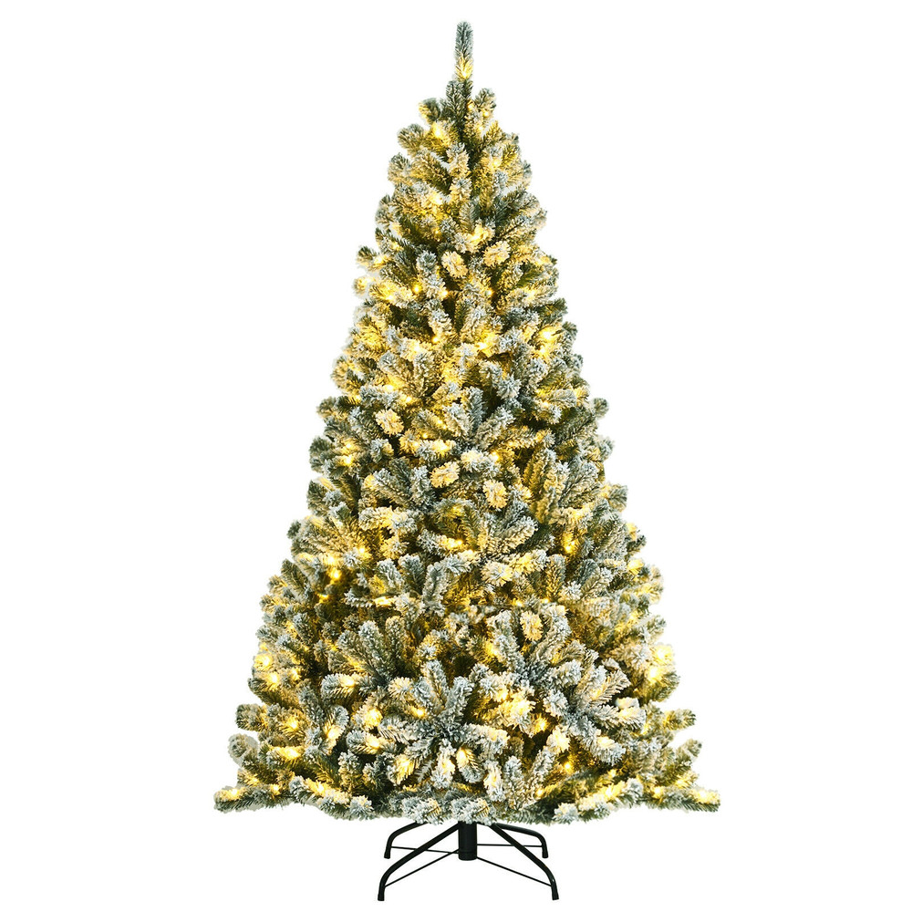 Pre-Lit Snow Flocked Christmas Tree (6/7/8 Feet), Sturdy Metal Stand Included