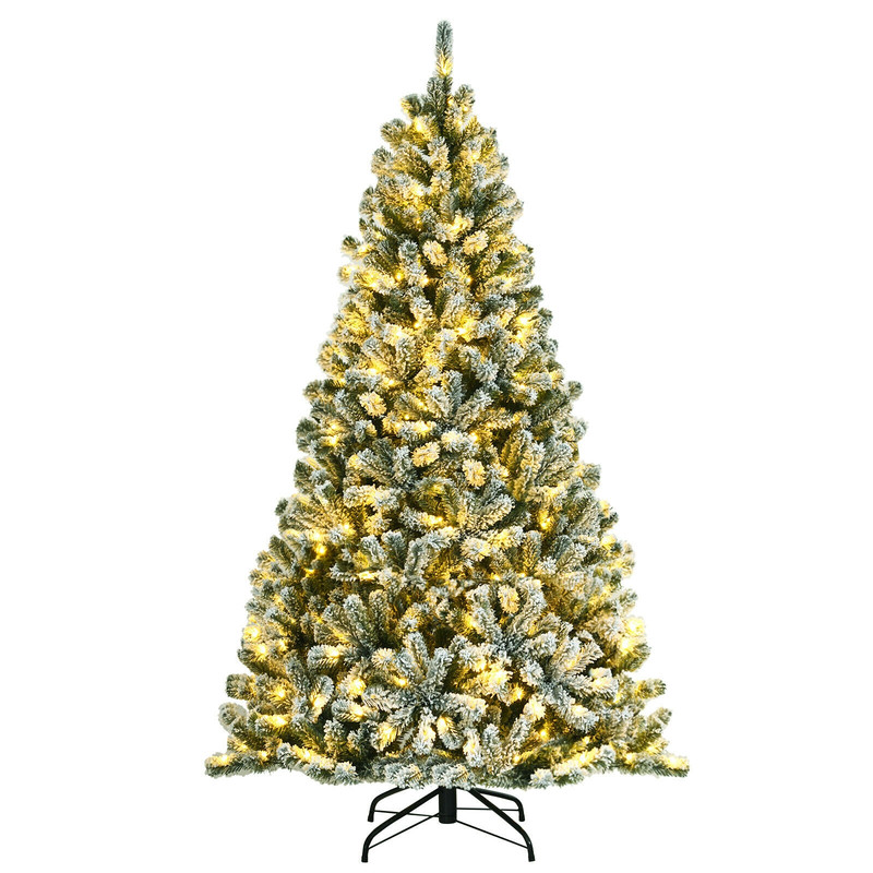 Pre-Lit Snow Flocked Christmas Tree (6/7/8 Feet), Sturdy Metal Stand Included