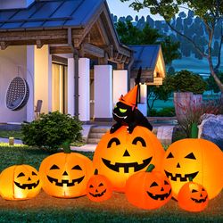 7.5 ft halloween inflatable pumpkin combo with witch & black cat, spooky outdoor decor