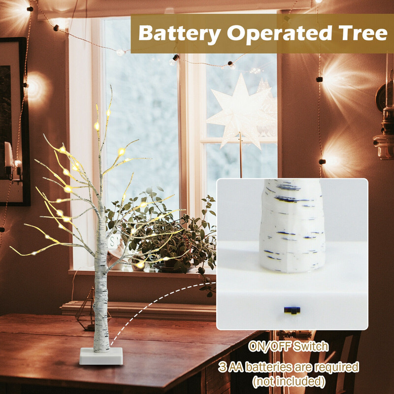 2Foot PreLit White Twig Birch Tree BatteryPowered For Christmas Holidays 2
