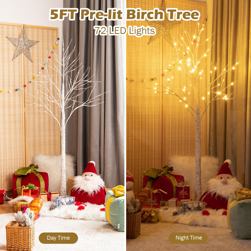 5-Foot Pre-Lit White Twig Birch Tree with 72 Warm White LED Lights for Christmas