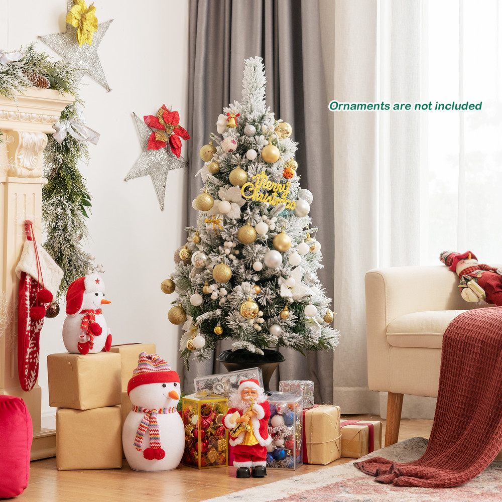 4FT Pre-lit Snow Flocked Entrance Tree with White Berries and Flowers, Lighted Christmas Tree with LED Lights, Urn Base