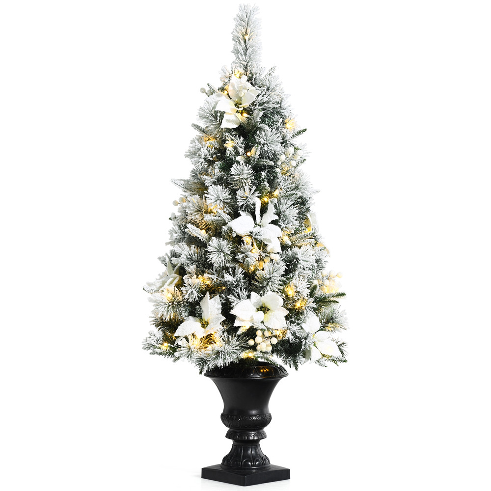 4FT Pre-lit Snow Flocked Entrance Tree with White Berries and Flowers, Lighted Christmas Tree with LED Lights, Urn Base