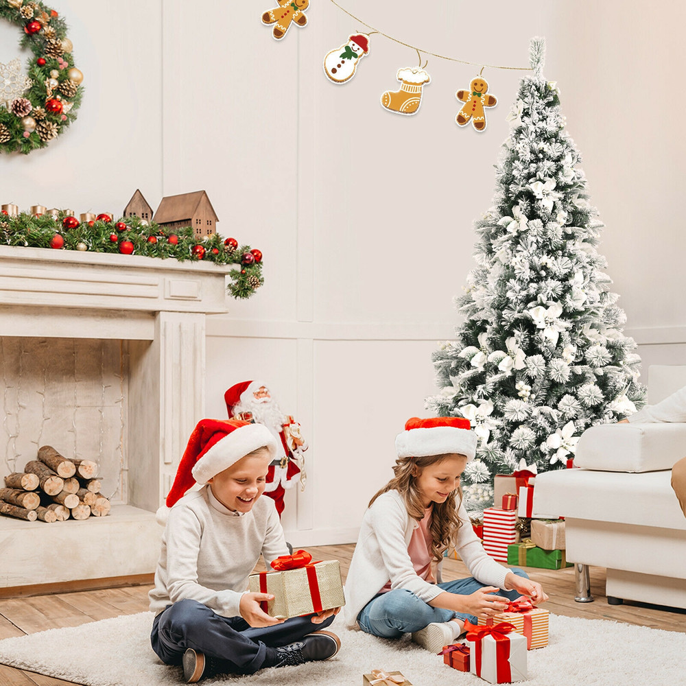 6ft Artificial Snow Flocked Christmas Tree with Berries & Poinsettia, Hinged Branch Holiday Tree for Indoor Winter