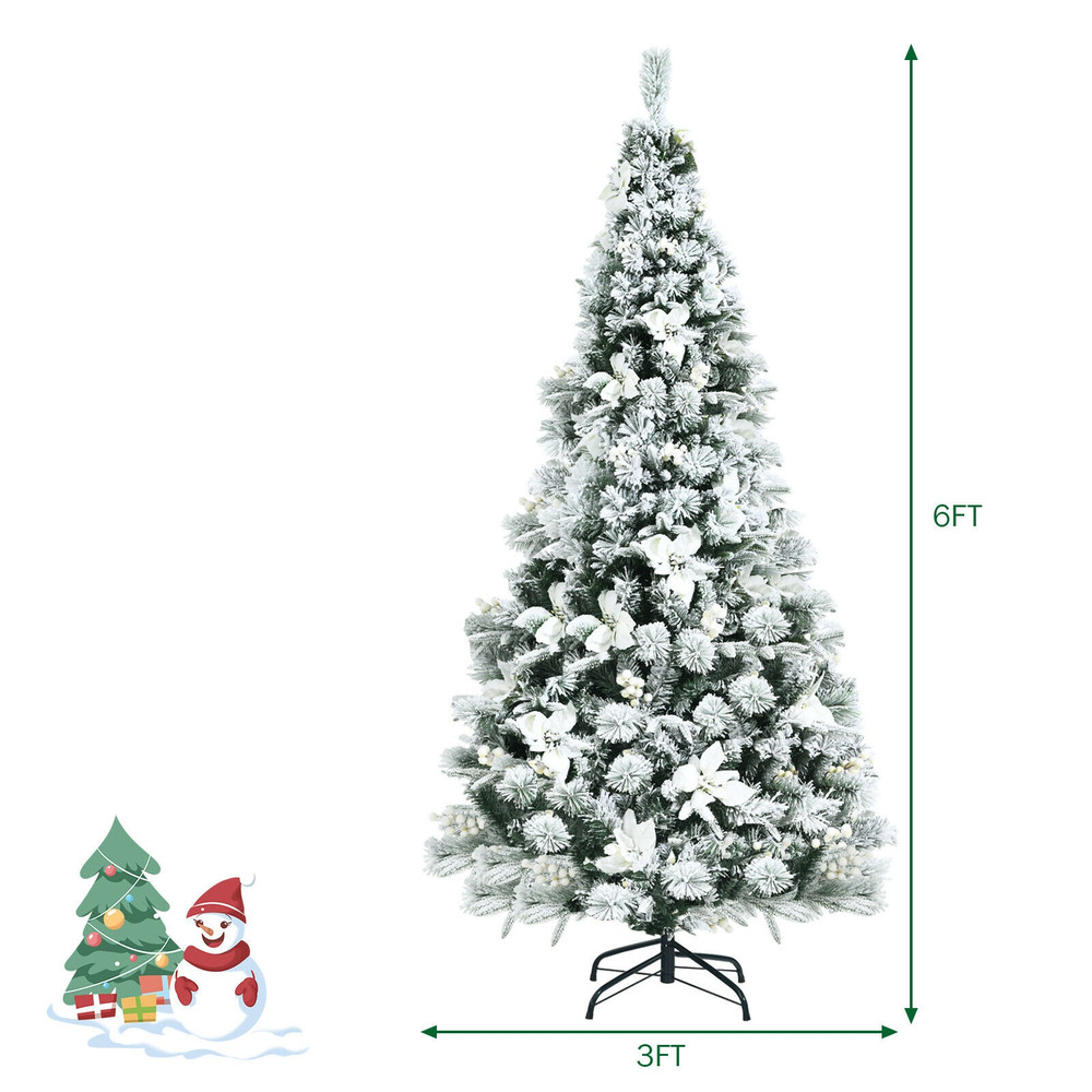 6ft Artificial Snow Flocked Christmas Tree with Berries & Poinsettia, Hinged Branch Holiday Tree for Indoor Winter